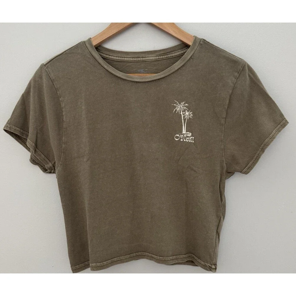 O’Neill Teen Large Palm Tree Graphic Cropped 100% Cotton Tee Olive Green Fits 14